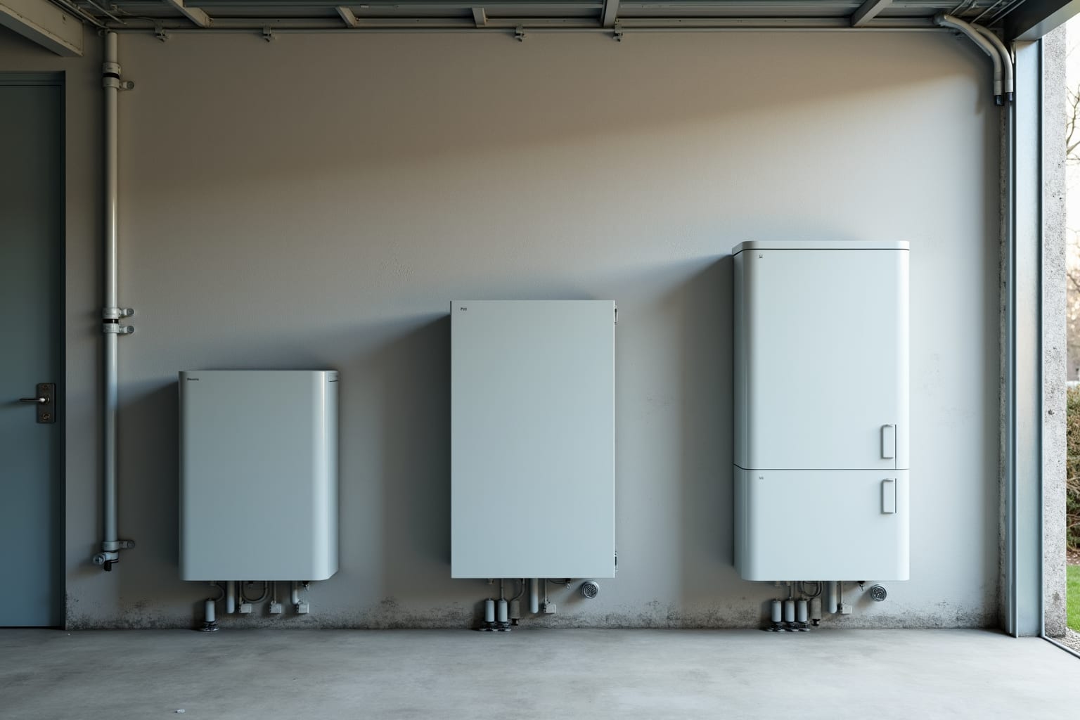 Drie thuisbatterij's van verschillend formaat naast elkaar tegen de muur van een garage.