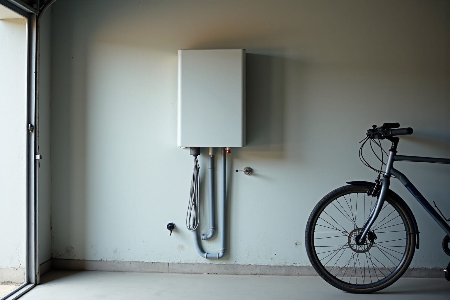 Een gladde lichtgrijze kast hoog aan de muur van een opgeruimde garage, met nette bekabeling naar beneden.