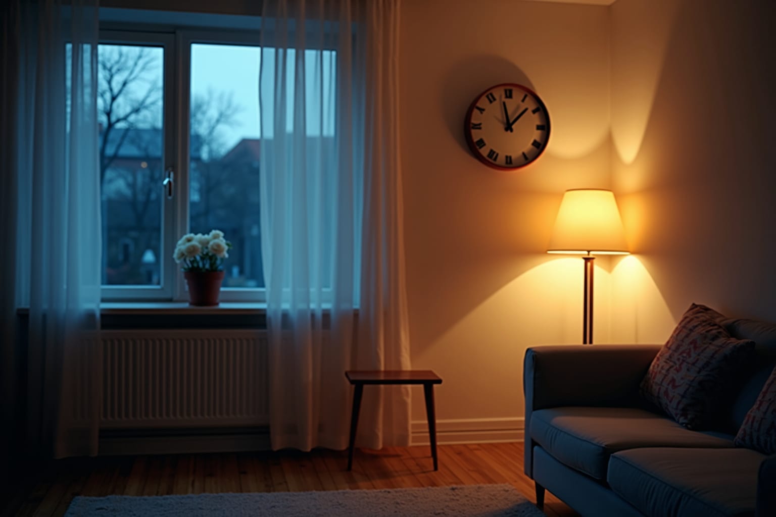 Een lege woonkamer bij schemer met één warme schemerlamp en een klok zonder cijfers aan de muur.
