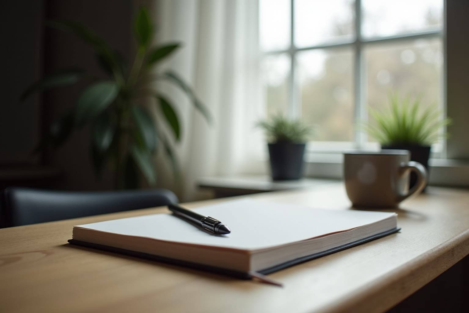 Een dichtgeslagen notitieboek en een potlood op een eiken bureau in middaglicht.