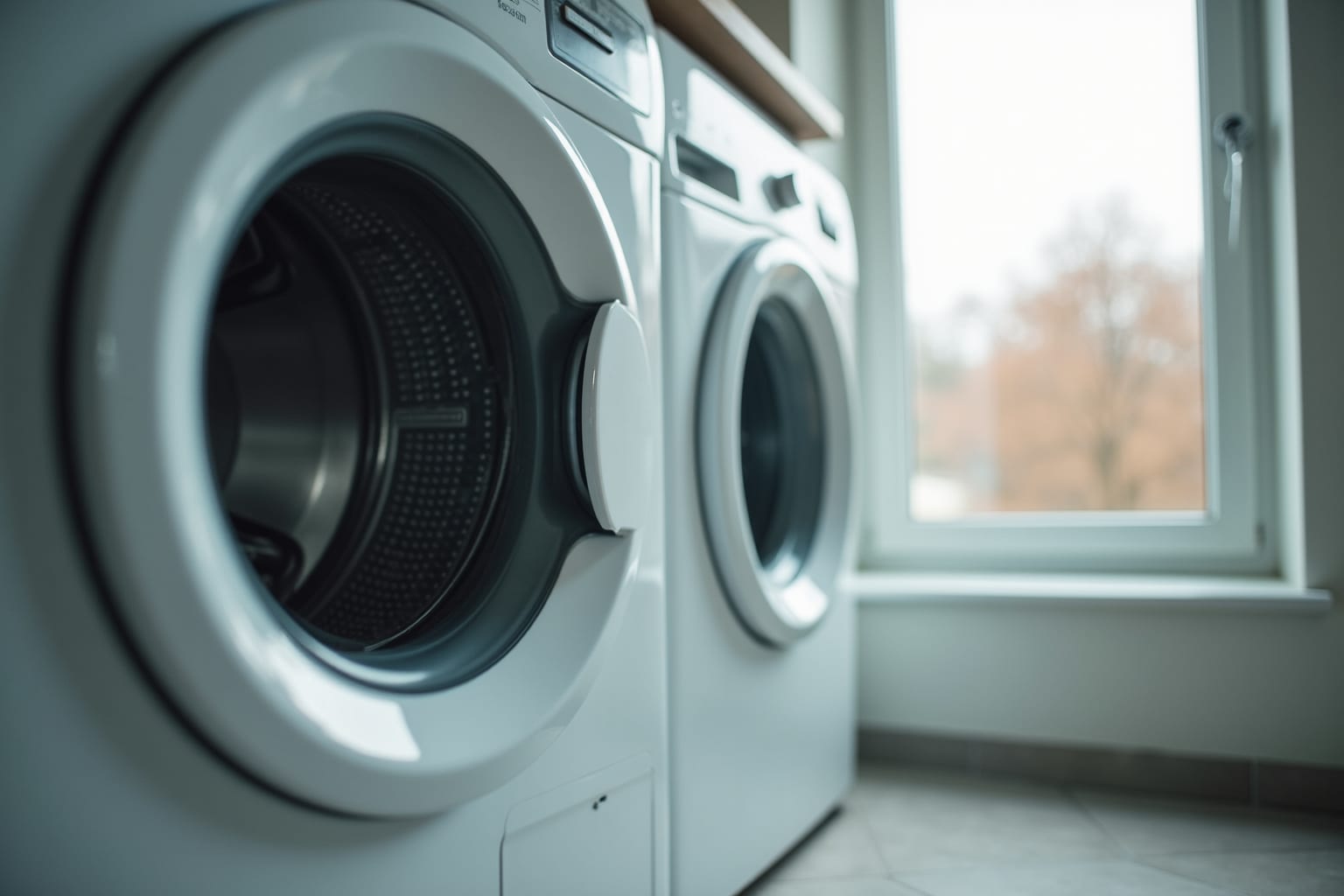 De ronde glazen deur van een wasmachine, waarin het licht van een raam weerkaatst.