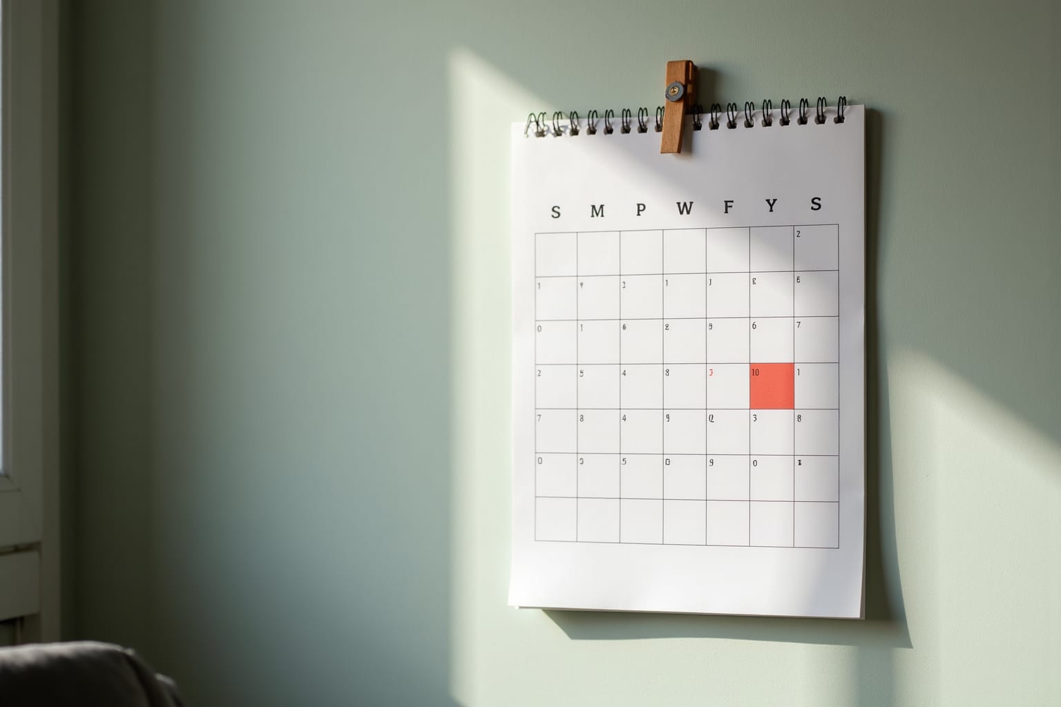 Een kalenderblad aan een muur met een klein roodbruin merkteken bij één dag.