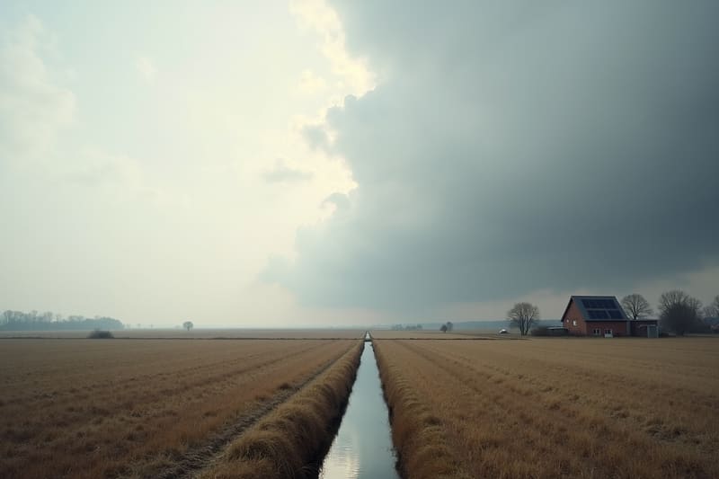 Een boerderij met zonnepanelen op het dak tussen kale weilanden, onder een donkere wolkenlucht die over het platteland trekt.