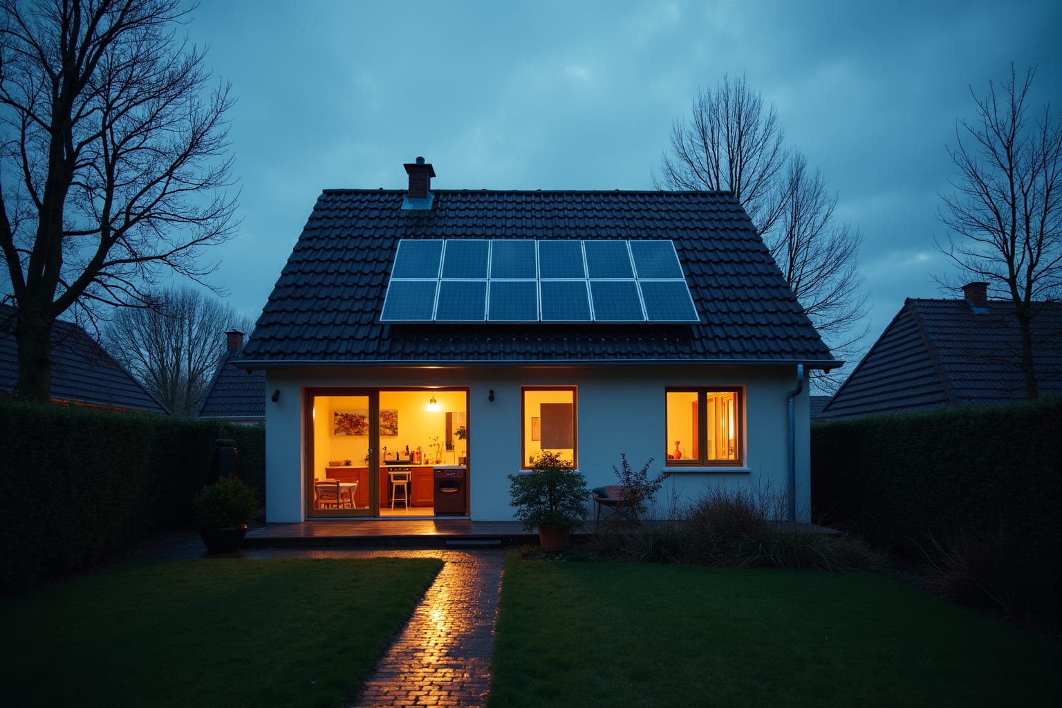 Een Nederlands huis bij schemer, met warm verlichte ramen en donkere zonnepanelen op het dak tegen een diepblauwe lucht.