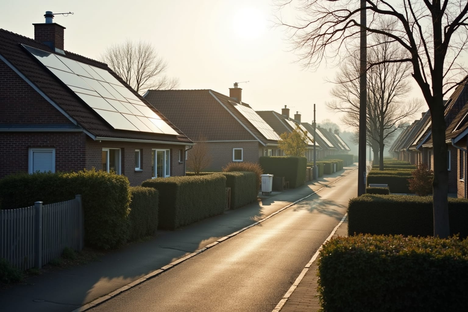 Een rij Nederlandse rijtjeshuizen met zonnepanelen op het dak, in laagstaande ochtendzon aan een rustige straat.