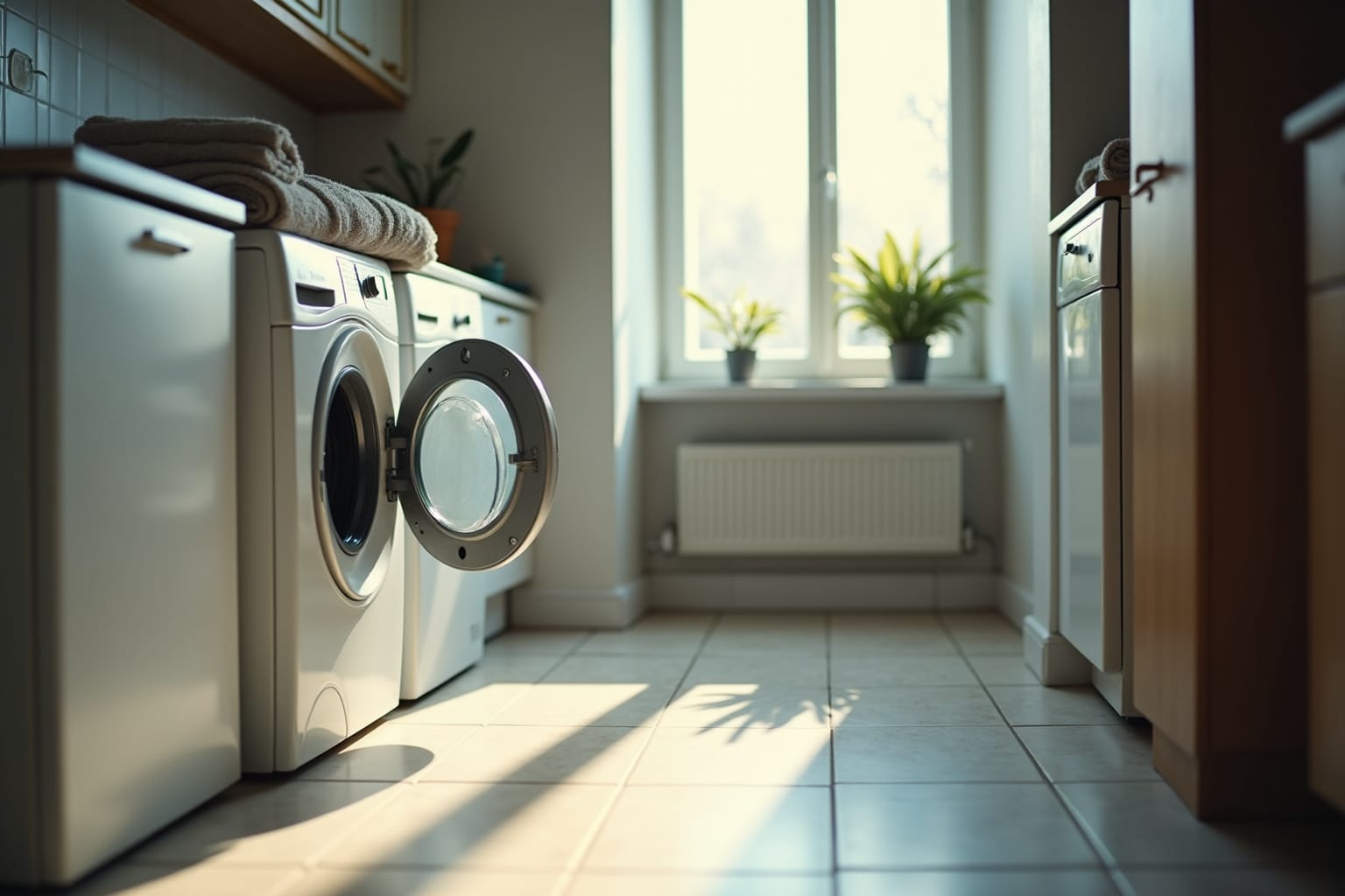 Een wasmachine met open deur in een zonnige bijkeuken met tegelvloer, planten op de vensterbank op de achtergrond.