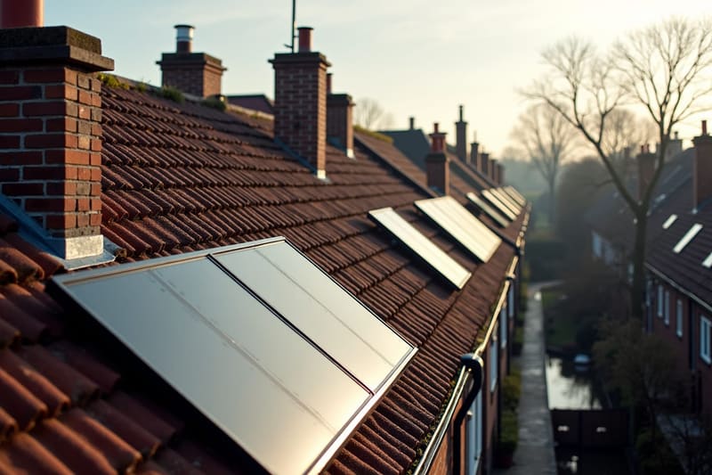 Rijen daken van Nederlandse rijtjeshuizen met zonnepanelen, gezien van bovenaf in laagstaande winterzon.