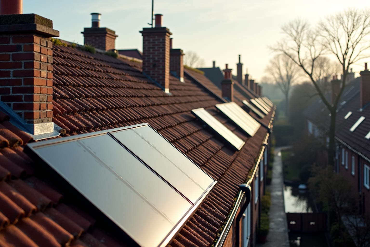 Rijen daken van Nederlandse rijtjeshuizen met zonnepanelen, gezien van bovenaf in laagstaande winterzon.